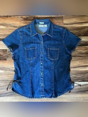 RARE Carolina Blues Denim Pearl Snap Side Lace Cinch Top Western VINTAGE Y2K